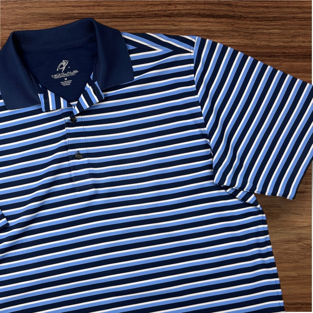 Jack Nicklaus Performance Golf Men’s Blue White Striped Polo. Medium Loose Fit.